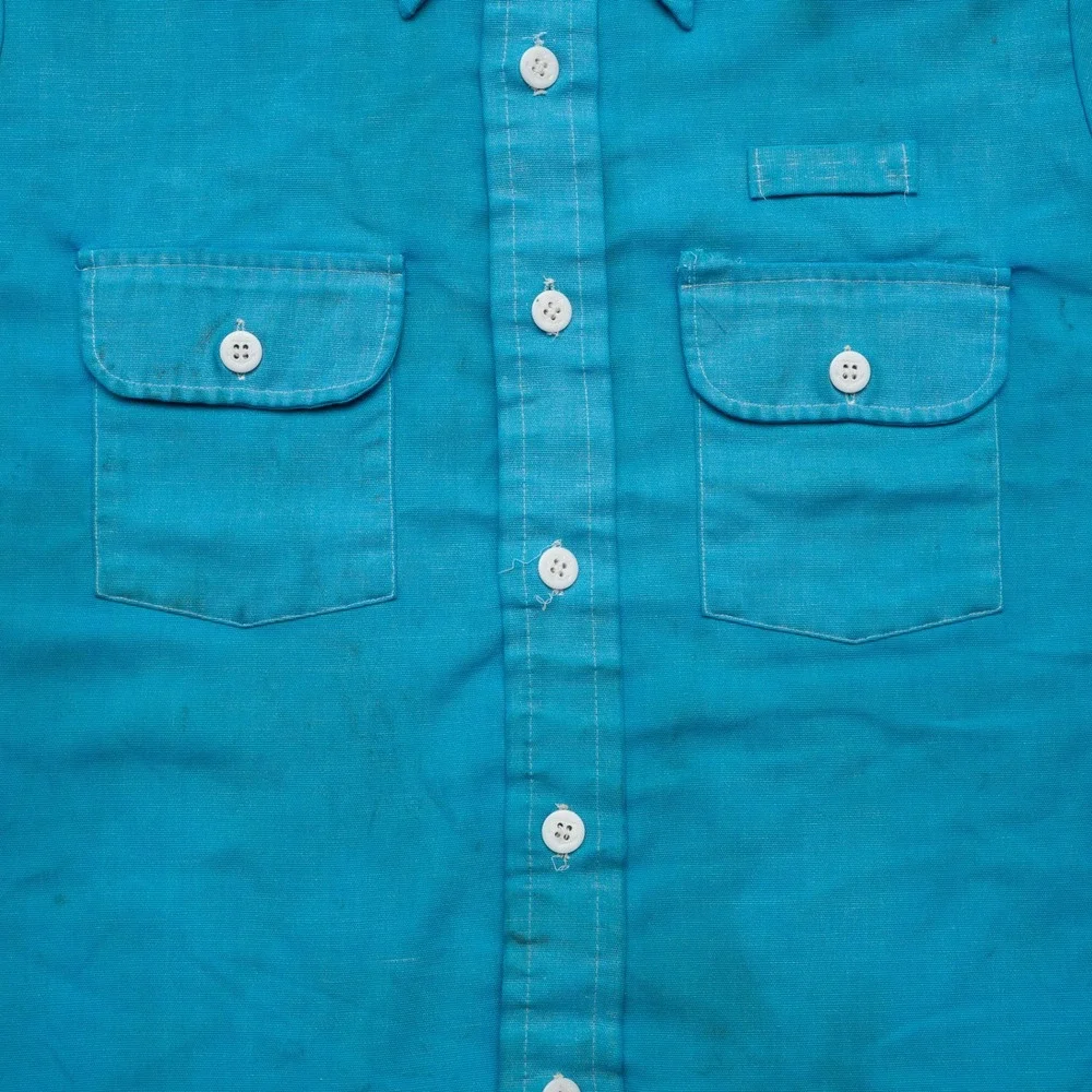 Vintage 70s Mod Button Up Bowling Shirt Dune Buggy Daggar Collar Blue Adult M